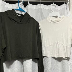 2 Crop Tops - Olive Green Long Sleeve T shirt - White Short Sleeve T shirt
